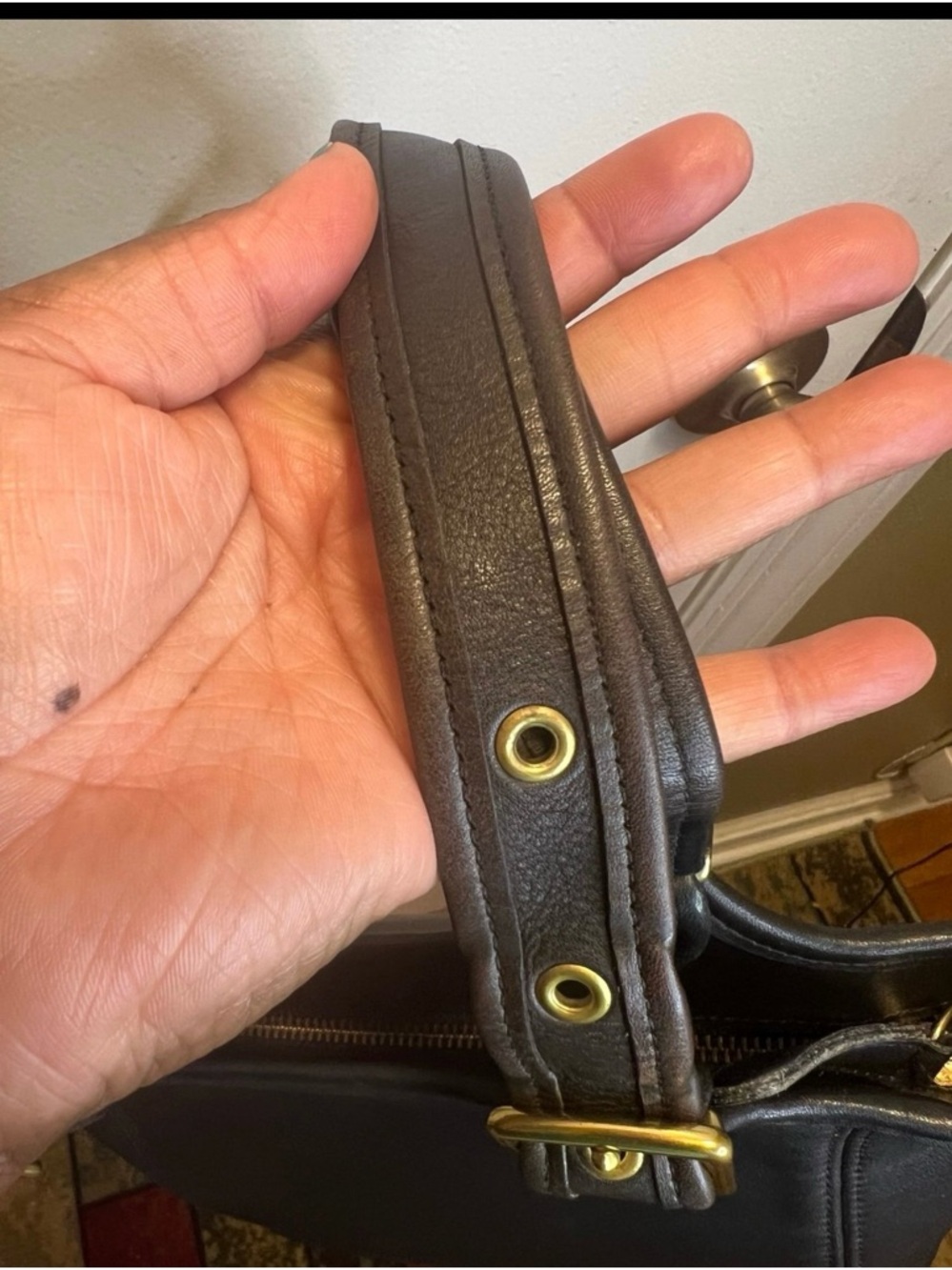 Black Vintage Leather Coach Shoulder Tote with Gold-Tone Buckles - Picture 9 of 10